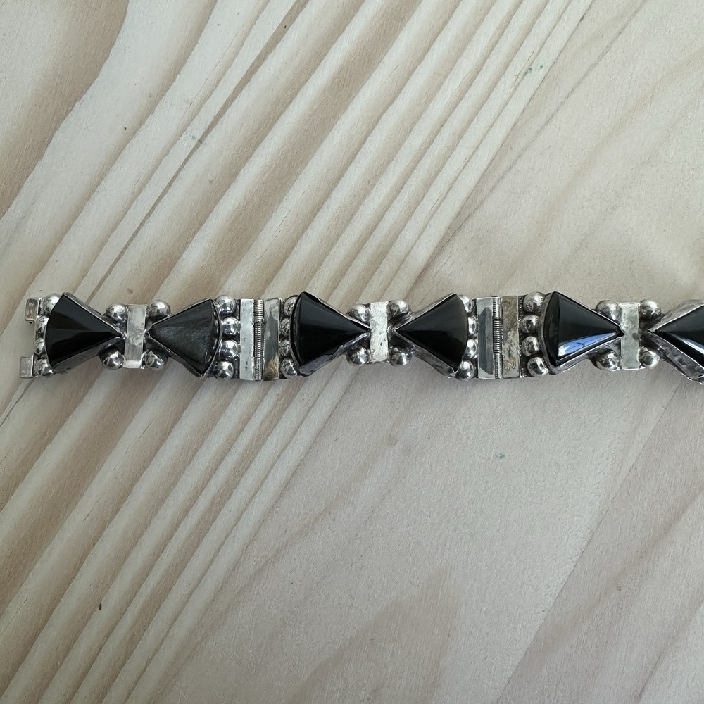 VTG Taxco Link Bracelet Size 6.5 Sheen Obsidian Signed 925 Sterling Mexico 26.1g - Picture 3 of 12